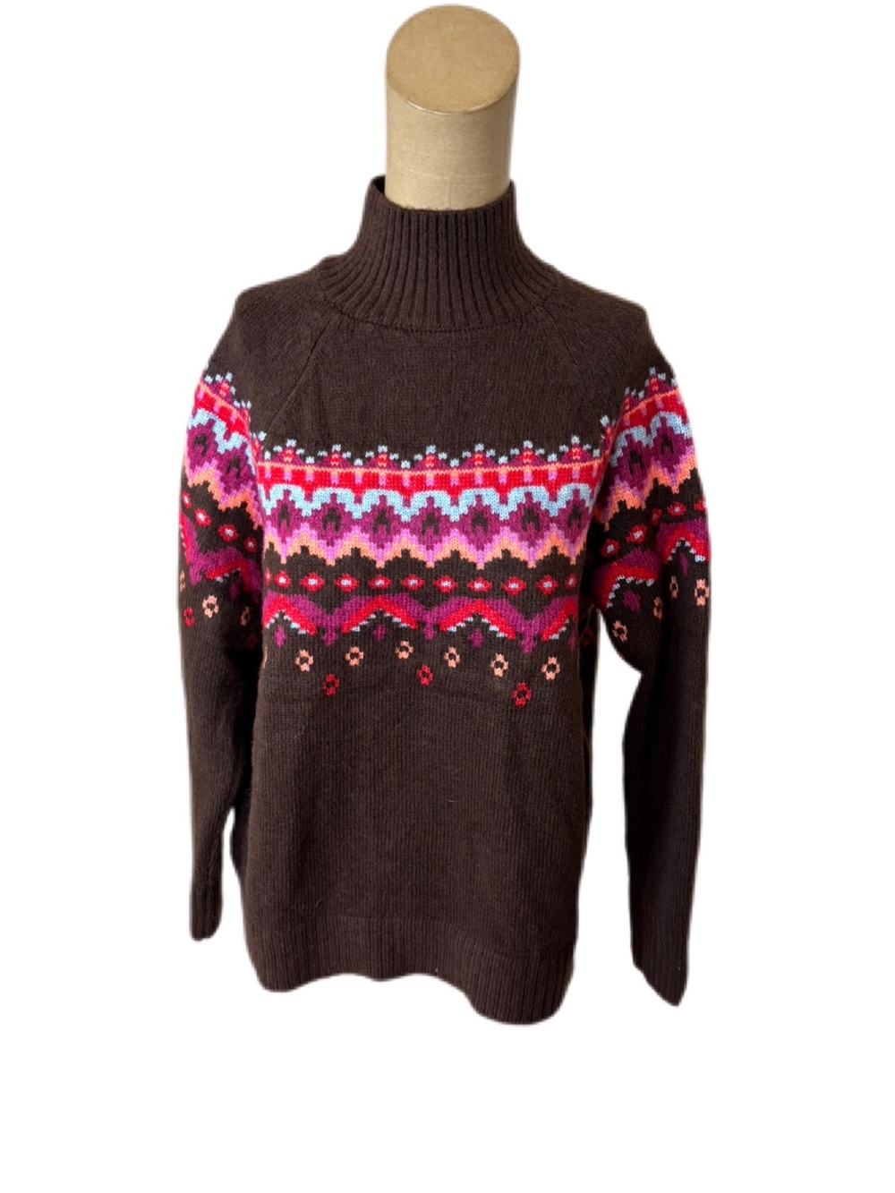 NWT! Lou & Grey Chocolate Brown Multi Color Fair Isle sweater Turtleneck Size L